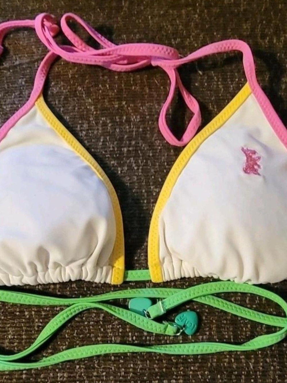Juicy Couture VTG Bikini Top. White Triangles W/ Pink Embroidered Dog Logo Sz: L